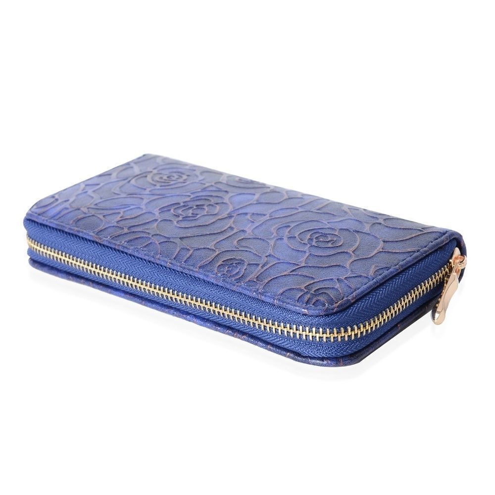 Wallet Embossed Rose Pattern Metallic Frame Blue - Picture 4 of 4